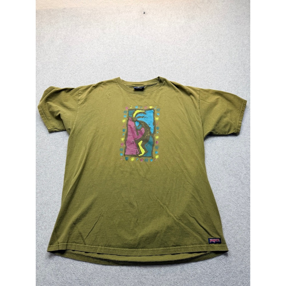 Vintage JanSport T-Shirt XL Olive Green Kokopelli Graphic Made in USA Retro Tee